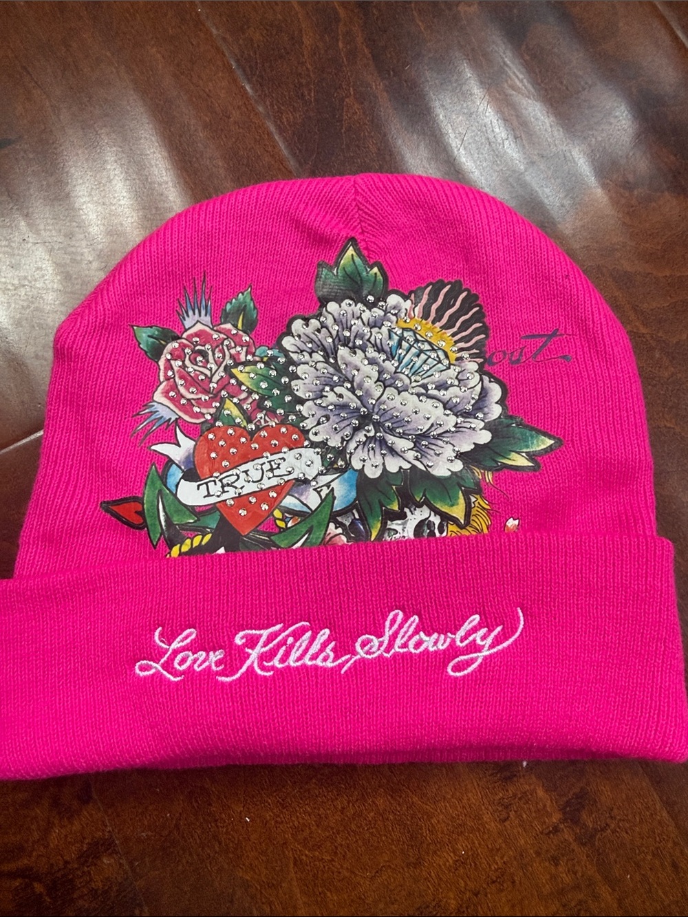Love Kills Slowly Kids Beanie Hat - Bright Pink with Floral Tattoo Graphic